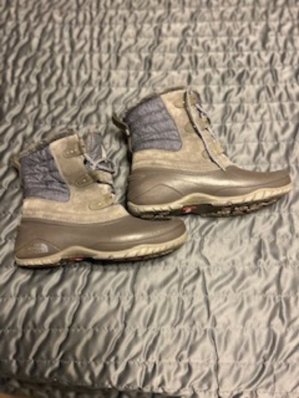 The North Face grey denim faux fur women's boots size 9.5